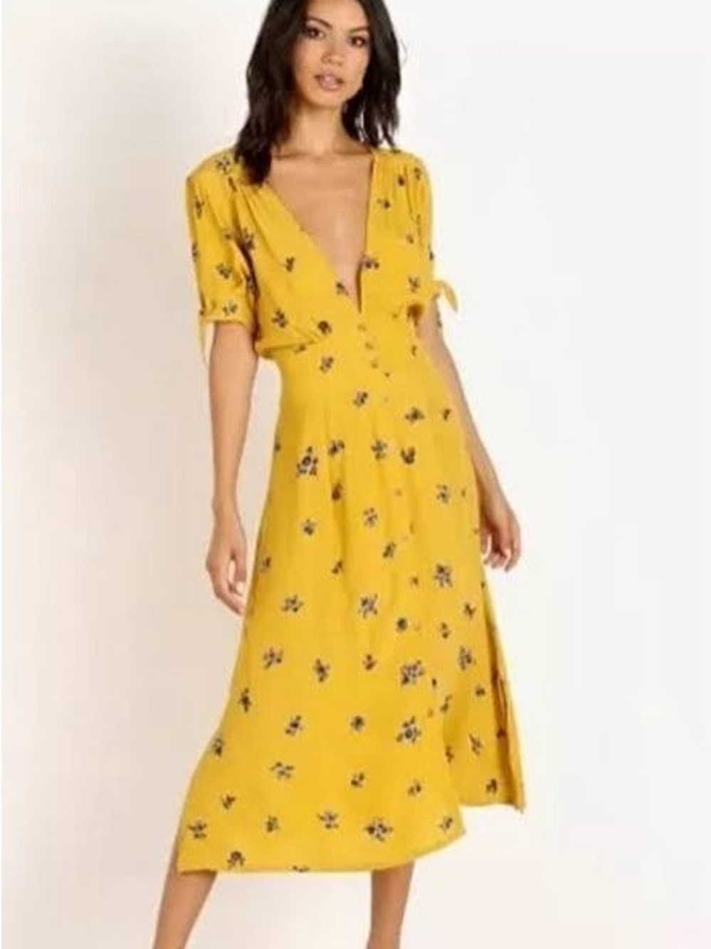Faithfull the Brand Yellow Floral Wrap Midi Dress